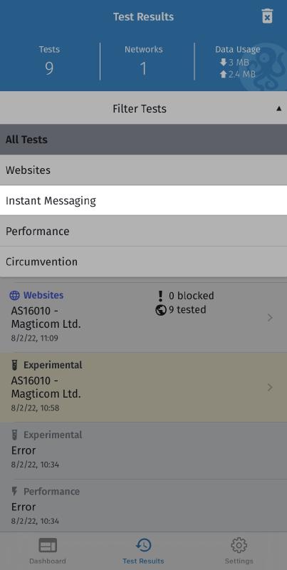 Test results screen Test results screen